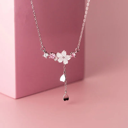 Fashion Cherry Blossoms Flower Necklace For Women Romantic Crystal Zircon Butterfly Flowers Pearl Shell Necklace Wedding Jewelry
