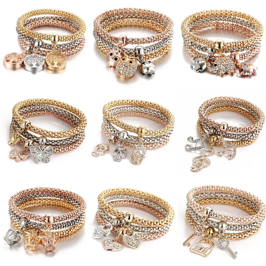 3Colors/Lot Tree Of Life Elastic Bracelet Set For Women Crystal Owl Key Lock Music Note Butterfly Heart Charm Bangle Jewelry