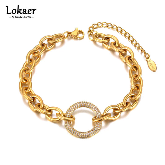 Lokaer Trendy CZ Crystal Geometry Circle Charm Bracelets For Women Titanium Stainless Steel Chain Bohemia Beach Bracelet B21092