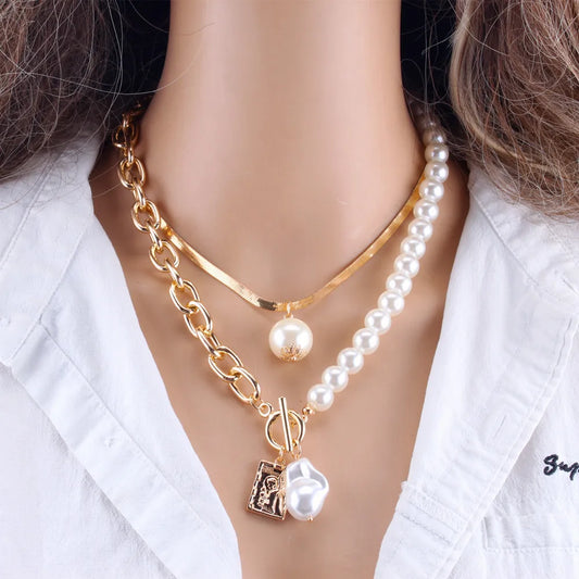 KMVEXO Fashion 2 Layers Pearls Geometric Pendants Necklaces For Women Gold Color Metal Snake Chain Necklace Choker Jewelry Gift