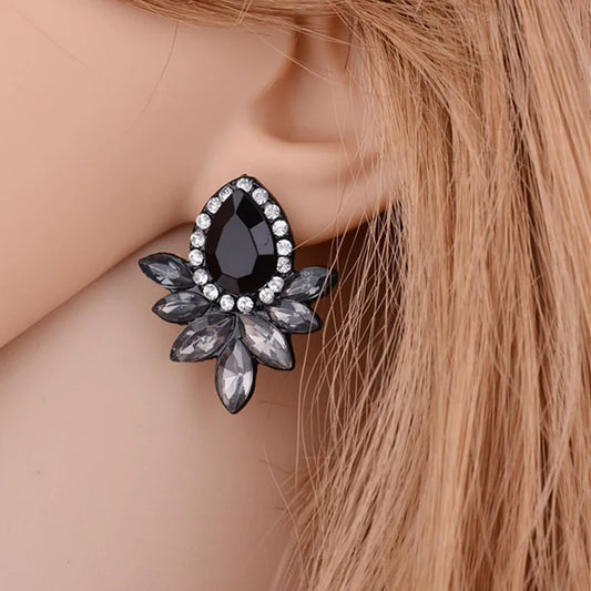 Korea Fashion Creative Black Flower Rhinestone Stud Earrings Crystal Acrylic Retro Earrings Women's Jewelry