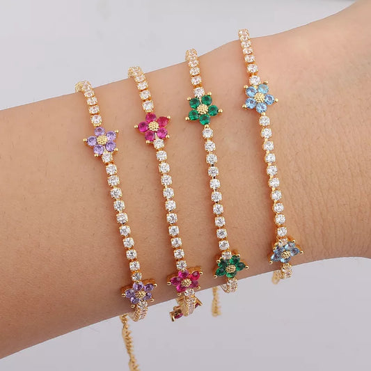 New Arrived Rainbow CZ Colorful Flower Tennis Link Chain Bracelet For Women Girls Iced Out Bling CZ Paved Daisy Flower Bracelet