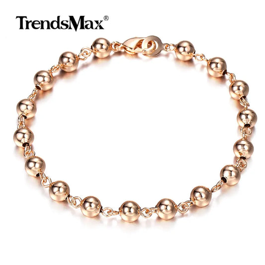 585 Rose Gold Color 6mm 8mm Round Bead Chain Bracelet for Women Girls Lobster Clasp Wedding Party Fashion Jewelry CBM02