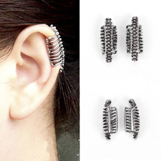2 Pcs Gothic Clip On Earrings European and American Retro Personality Punk Skull Spine Ear Cuff Without Pierced Earrings