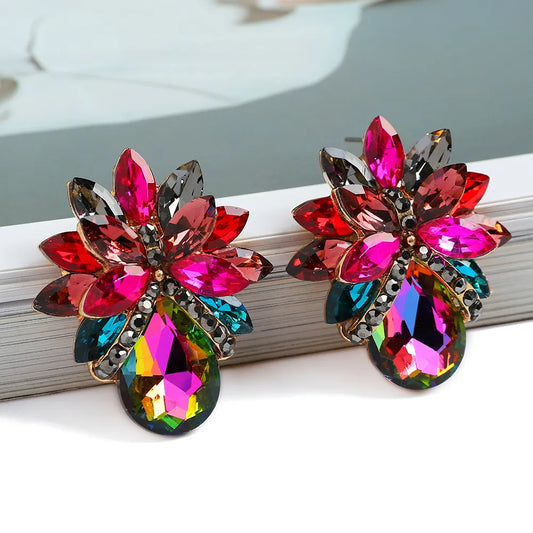 Korean Fashion Colorful Clear Crystal Stud Earrings Luxury Design High-Quality Flower Unique Vintage Pendant Jewelry For Women