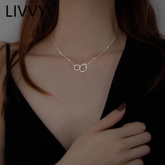 LIVVY Silver Color Fashion Interlocking Double Ring  Pendant Necklace  For Women & Girls Party Jewelry  Gift