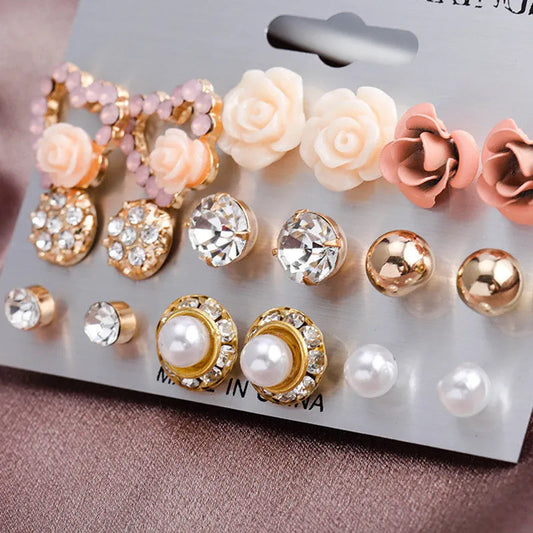 1set Pearl Crystal Studs Earrings Women' Girls Elegant Rose Heart Ear Studs Earring Jewelry Gift  Accessories