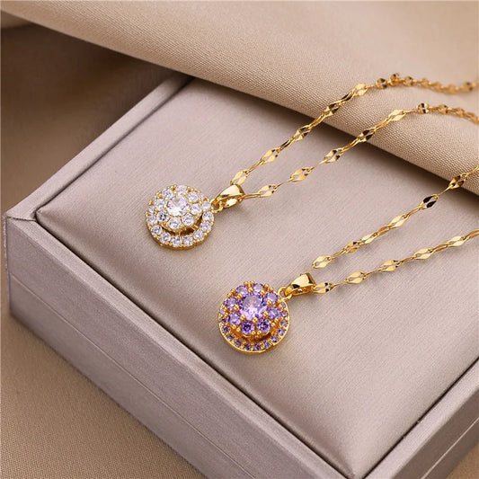 Korean Fashion Rotatable Lucky Crystal Pendant Stainless Steel Necklace For Women Cute Ladies Wedding Jewelry Female Neck Chain