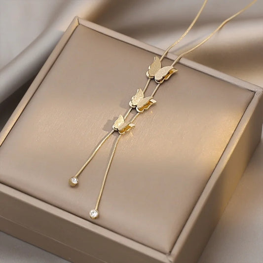 316L Stainless Steel Double Matte Butterfly Tassel Zircon Pendant Charm Choker Necklace For Women Fashion Fine Jewelry SAN856
