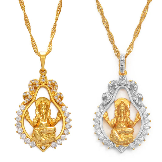 Hinduism Indian Religious Ganesha Pendant Necklaces for Women Girls Gold Color and Cubic zirconia Elephant God Necklaces