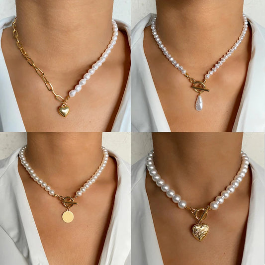 KISS WIFE Vintage Pearl Choker Necklace For Women Fashion Summer White Imitation Pearl Necklaces Trend Elegant Wedding Jewelry