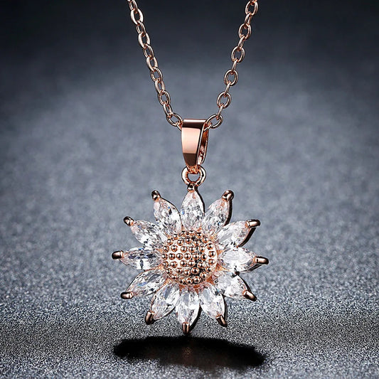 Fashion Charm Sunflower Pendant Necklaces For Women Silver Color Rhinestone Zircon Clavicle Chain Choker Wedding Jewelry Gifts