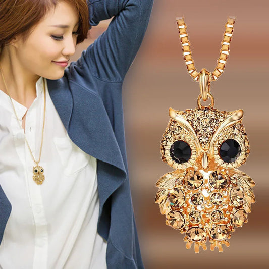 Charming Fashion Owl Pendant Long Sweater Chain Necklaces Vintage Statement Animal Crystal Rhinestone Pendant Necklace for Lady