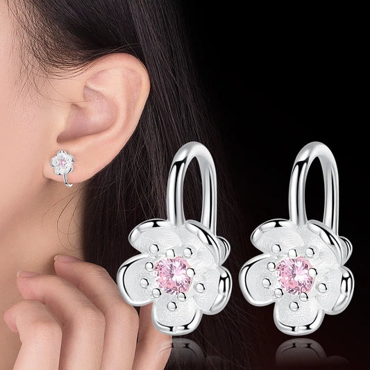 Korea Style Crystal Cherry Blossom Flower Clip on Earrings Without Piercing for Girls Party Sweet Silver Color No Hole Ear Clip