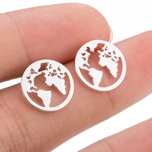 Hfarich New Stainless Steel World Map Trendy Stud Earrings for Travel gift Vintage Globetrotter Earth Atlantic Handmade Jewelry