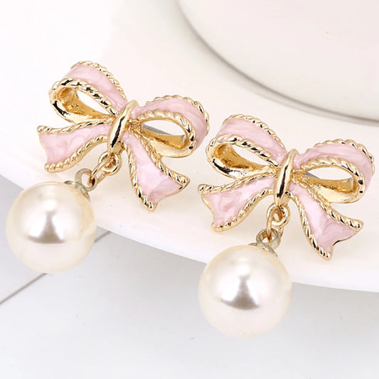 Hot Fashion Cute Pink Bow Earrings Imitation Pearl Earrings Upscale Wedding For Women Girls Party Jewelry Gifts New E8972019