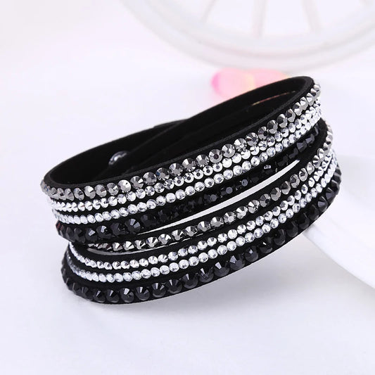 Korean Version Leather Bracelet Rhinestone Crystal  Wrap Multilayer s For Women Feminino Pulseras Mulher Jewelry