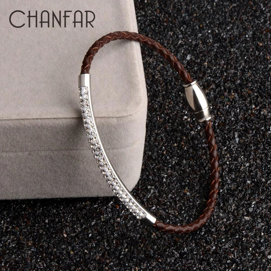 Chanfar Genuine Leather Bracelet For Women Rhinestone Pave Stainless Steel Magnetic Clasp Wrap Women Bracelet Simple Jewelry