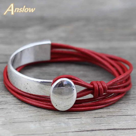 Anslow 2018 Classic Unisex Charm Vintage Style New Unique Silver Plated Unisex Leather Bracelet Couple Birthday Gift LOW0468LB