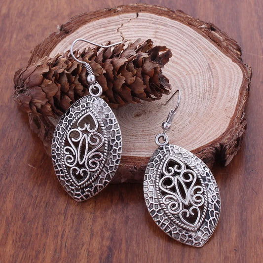 New Fashion Statement Bohemian Vintage Ethnic Tibetan Silver Color Big Oval Drop Earring Carved Flowers Drop Earrings For Women