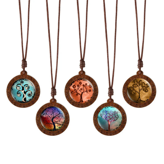 Family Tree of Life Dome Glass Wood Pendant Necklaces Women Necklaces Jewelry Wax Rope Chain Necklaces Gift