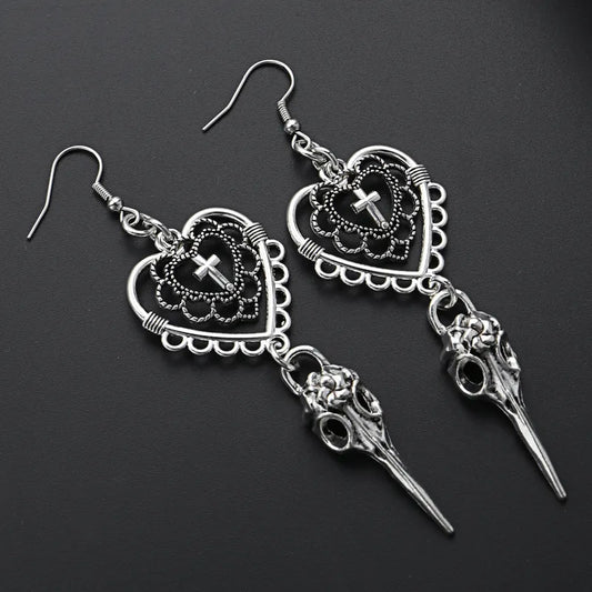 Gothic Heart Cross Bird Skull Earrings Jewellery Design Dark Art Goth Aesthetic Dangle Earrings For Alternative Girl Punk Gifts