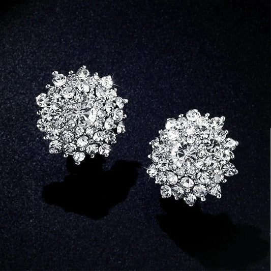 Luxury Gold Overspread Sparkly Rhinestone Clip on Earrings Round Flower Without Piercing for Women Wedding Party Jewelry