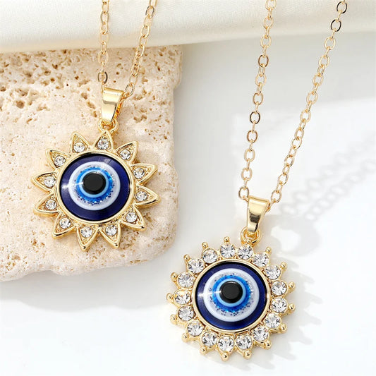 1pc Bling Sun Flower Evil Eye Necklace For Women Gift Shiny Zircon Turkish Blue Eye Sweater Clavicle Chain Party Wedding Jewelry