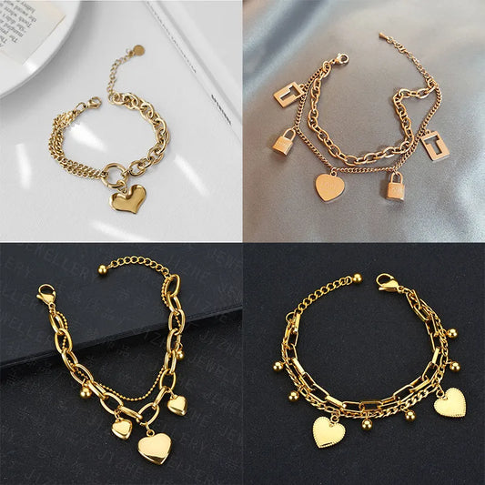 MEYRROYU Stainless Steel Two Color Multi-style Heart Bracelets Double Layer Bracelets For Women 2021 New Gift Fashion Jewelry