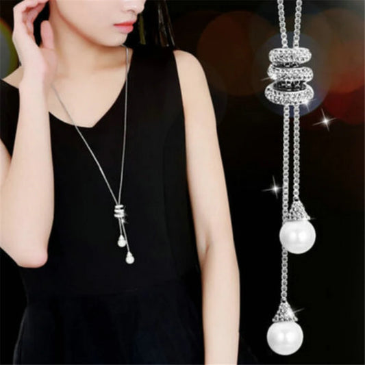 2023 NEW High Quality Fashion Metal Long Tassel Rhinestone Crystal Pearl Long Chain Necklace Sweater Patry Necklace Jewelry