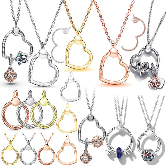Base Snake Chain Circle Heart Pendant Necklace Fit Original Pandora Charms Bracelet Women O Ring Dangle Beads Bangles DIY Bijoux