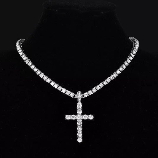 Men Women Hip Hop Cross Pendant Necklace With 4mm Zircon Tennis Chain Iced Out Exquisite Bling Jewelry Fashion Trendy Creative