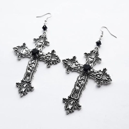 Goth Large Detailed Cross Black Drill Jewel Earrings Silver Color Gothic Punk Jewellery Fashion Gorgeous Statement Women Gift