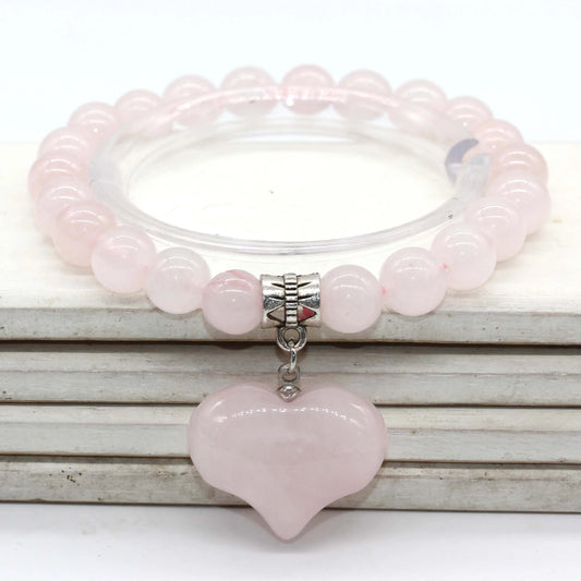 KFT Natural 8 mm Round Beads Dangle Heart Shape Amethyst Rose Quartz Stone Beaded Yoga Bracelet Men Women Elastic Rope Jewelry