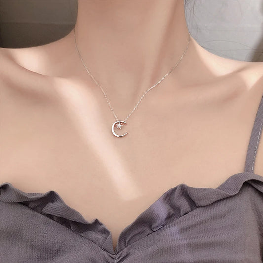 925 Sterling Silver Star Necklace Woman Sexy Clavicle Chain Flashing Diamond Moon Pendant Gift For Friends High Jewelry