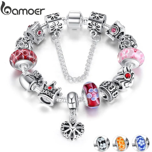 BAMOER Queen Jewelry Silver Plated Charms Bracelet & Bangles With Queen Crown Beads Bracelet for Women PA1823