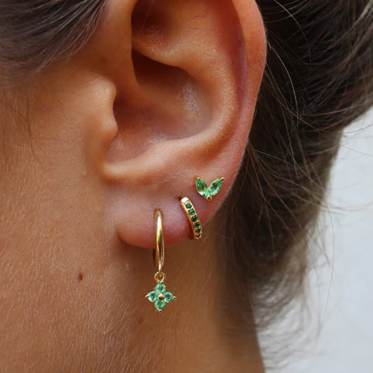 3PCS Stainless Steel Green Crystal Zirconia Hoop Earrings Set For Women Geometric Cartilage Piercing Earring Fashion Jewelry