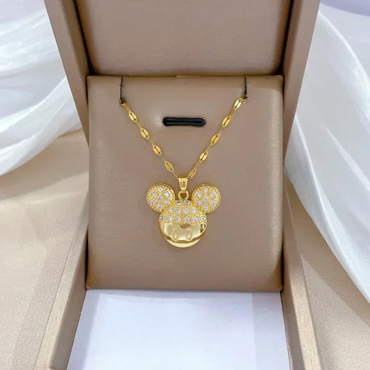 Cartoon Disney Mickey Minnie Mouse Studded with Zircon Necklace for Women Girl Stainless Steel Chain Sweet Gift for Friends Kids