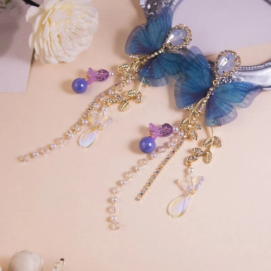 Crystal Butterfly Pearl Earrings for Women Long Tassel Inlaid Rhinestone Drop Earrings Korean Fashion Dainty Fairycore Jewelry