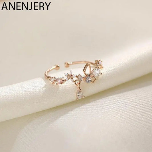 ANENJERY Zircon Flowers Bowkont Adjustable Ring For Women Simple Beautiful Princess Accessories Gift