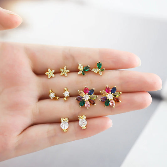 FLOLA 1 Pair Multicolor Crystal Daisy Stud Earrings for Women Copper Zirconia Star Ear Studs Mini CZ Jewelry Gifts erst23