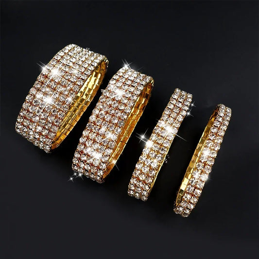 Fashion 1-6 Rows Full Crystal Rhinestone Elastic Bracelet Gold Color Bangle Bling Wristband Women Wedding Bridal Jewelry