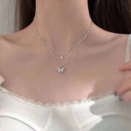 New Elegant Silver color Shiny Butterfly Necklaces Ladies Exquisite Double Layer Clavicle Chain Necklace Jewelry Gift 2023