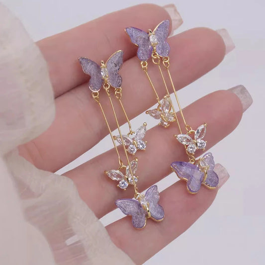 New Fashion Purple Crystal Butterfly Long Tassel Stud Earrings Temperament Sweet and Lovely Jewelry Party Premium Gift Wholesale