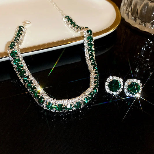 Fashion Trend Unique Design Elegant Delicate Light Luxury Green Zircon Necklace Women Jewelry Party Premium Stud Earrings Gift