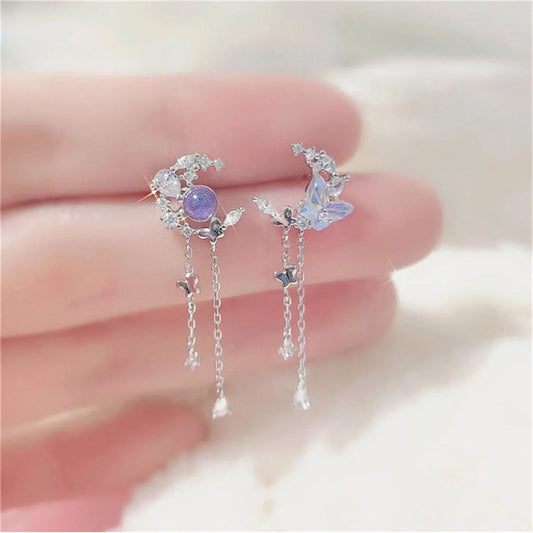 Korean Exquisite Planet Moon Butterfly Tassel Earrings for Women Sparkling Crystal Asymmetrical Drop Earrings Girl Party Jewelry