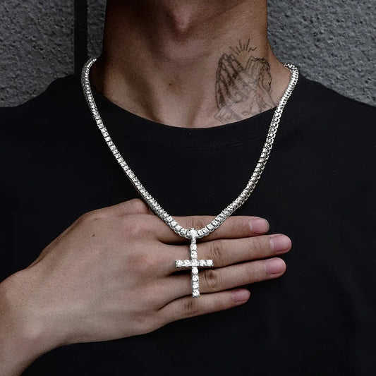 Iced Out Cross Pendant Necklace With 4mm Tennis Chain Religious Charm Full Rhinestone Bling Hip Hop Jewelry for Men and Women