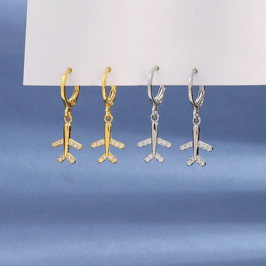 Aircraft Hoop Earrings For Women Metal Crystal Plane Earring Female Pendant Jewelry Statement 925 Silver Needle Anti-allergy