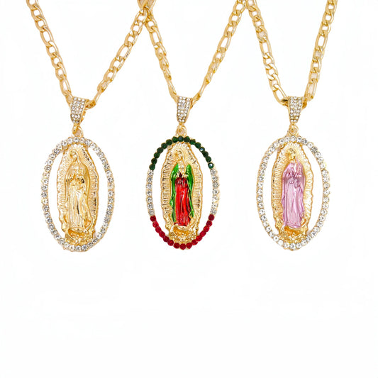 24 in Figaro Chain Gold Plated Virgin Mary Necklace  Virgen de guadalupe Pendant/Amulet Religious Jewelry