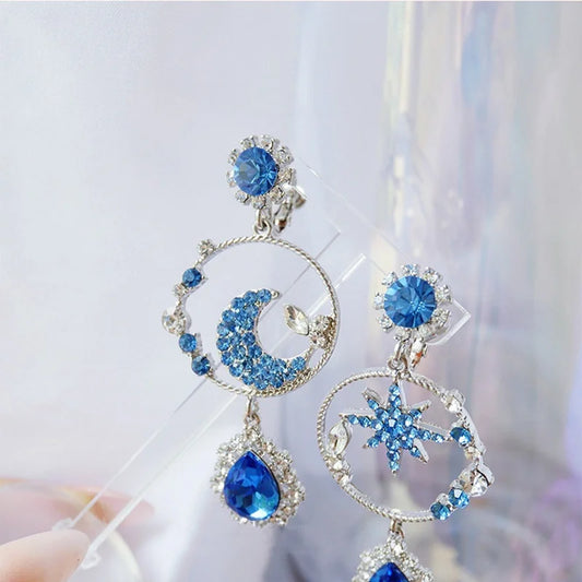 Korean Fashion Star Moon Blue Crystal Zircon Earrings for Women Long Asymmetric Earring Party Jewelry Gift Pendientes Mujer